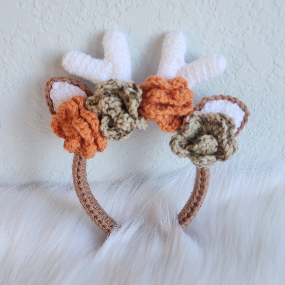 Deer antler animal ear flower headband hand crafted crochet hair accessory